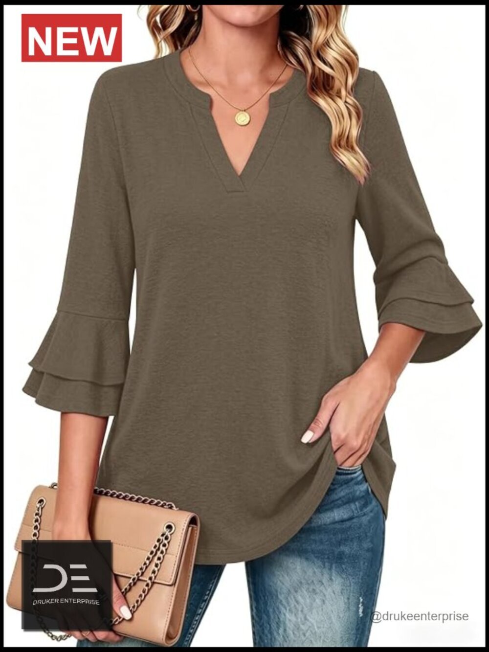 3/4 Tiered Bell Sleeve V Neck Tunic Blouse Dressy Casual Top
